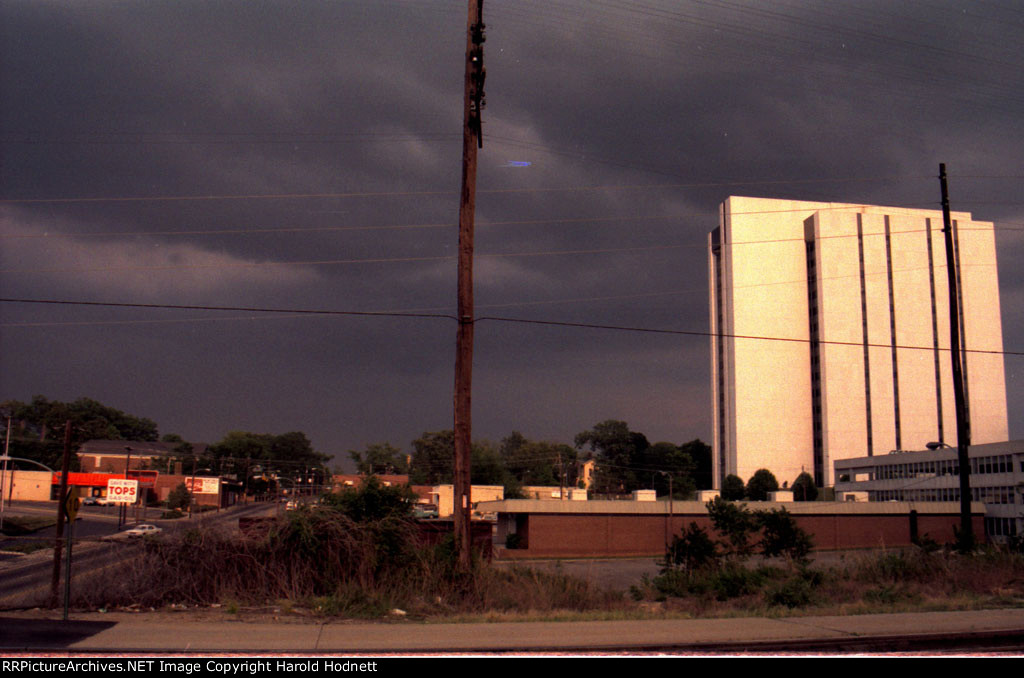 View from Seaboard System tracks facing east over Peace Street